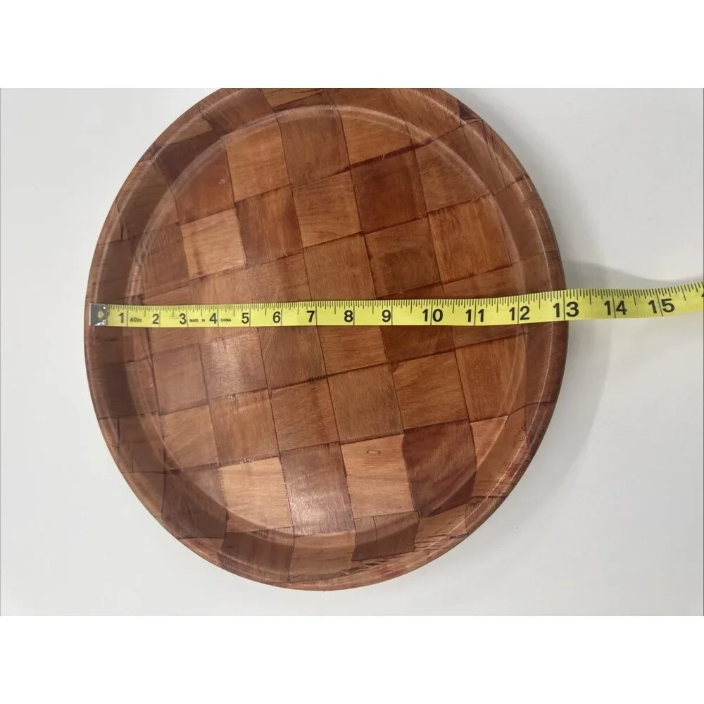 Vintage Parquet Weave Wood Round Serving Platters 2 Large 13” Woven Mid Century